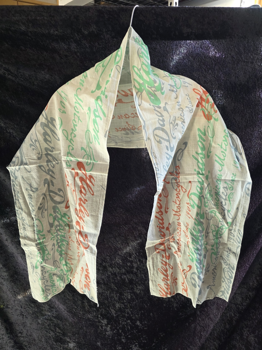 Harley-Davidson White Scarf with Orange, Green and Gray Script